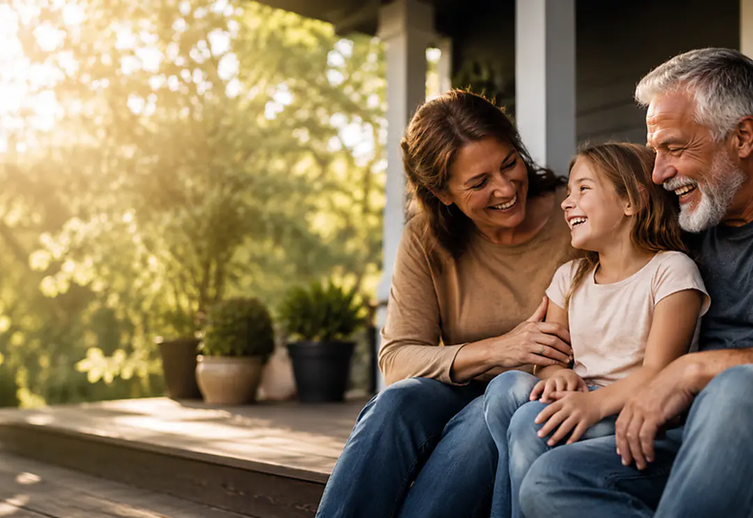 A family sharing a warm moment together on a porch