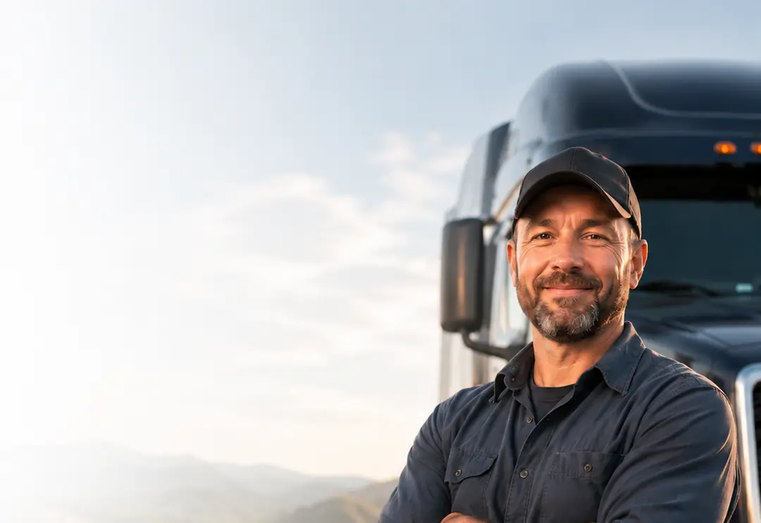 Truck driver standing near a semi truck